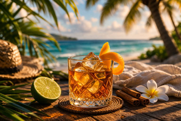 drink z rumu cortez na tle morza i palm