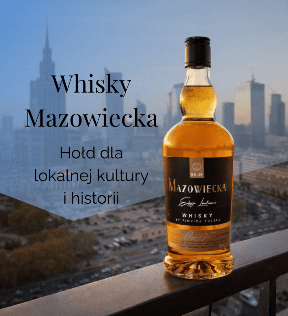 Butelka Whisky Mazowiecka na tle miasta