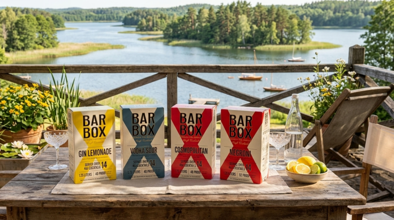 Cztery kartonowe opakowania gotowych drinków Bar Box (Cosmopolitan, Vodka Sour, Gin Lemonade, Margarita) z wbudowanymi kranikami, ustawione na drewnianym stole na tarasie nad jeziorem. Obok szklanki z koktajlami i miseczka z owocami cytrusowymi. W tle jezioro, las i jacht żaglowy pod słonecznym niebem.